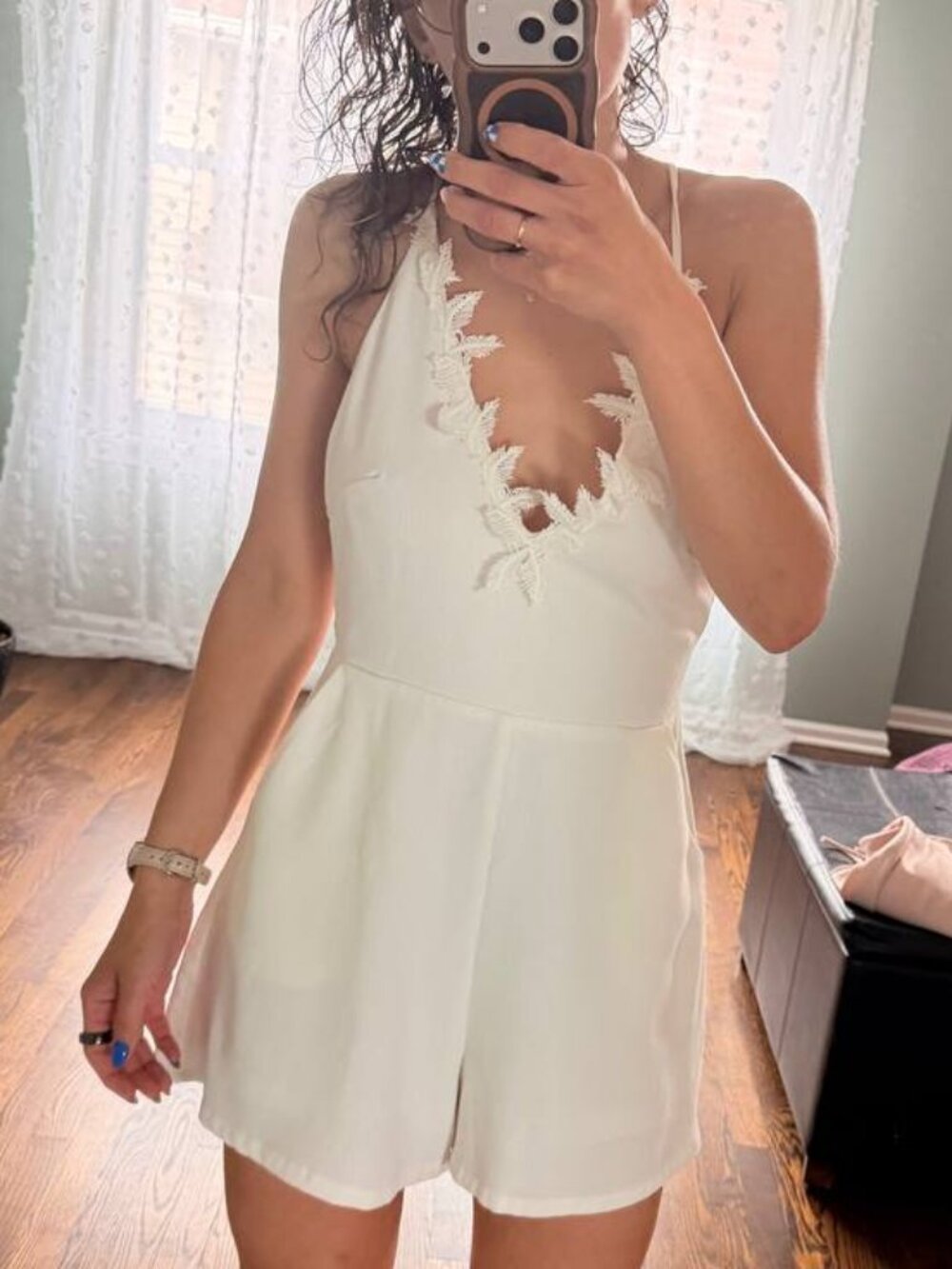 ASTR White Lace Trim Deep V-Neck Mini Dress